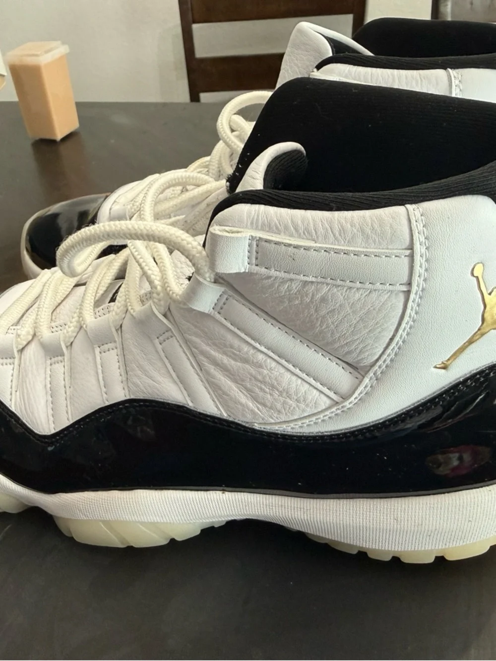 Jordan 11 Gratitude Basketball Sneakers in White, Black & Gold - Picture 6 of 9